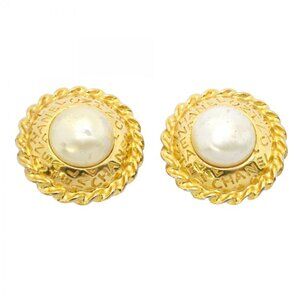 Chanel Earrings Vintage Logo Gold Plated Faux Pearl